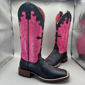 Macie Bean Ladies M9052 Black/Pink Cross Leather Western Boots Women’s Size 6 M